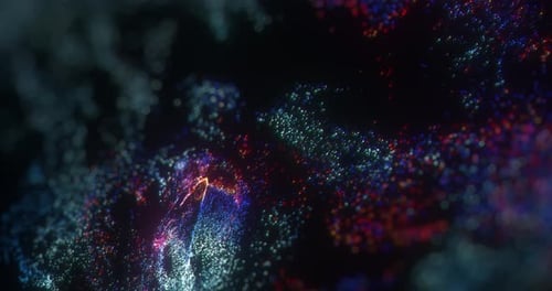 Movimento de partículas abstratas coloridas flutuantes com bokeh em fundo escuro.