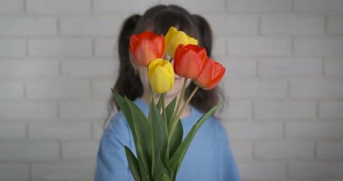 Smiling Girl with Tulips Bouquet Against Brick Wall
