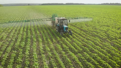 Aerial View of Farming Tractor Spraying on Field with Sprayer Herbicides and Pesticides at Sunset