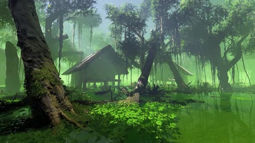 Magical Glowing Fireflies In Swamp Forest Houses Scene