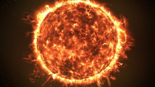 Die Sonne mit großen Sonnenexplosionen, realistischer roter Planet