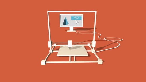 Simple Animation of Printing a Pyramid with a 3D Printer. Red Background.