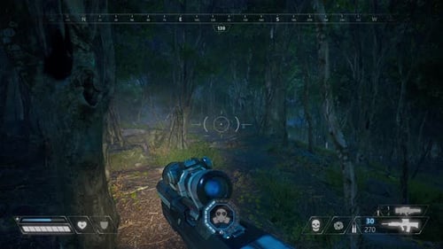 4K Fake forest shooter at night. 3D forest shooter with hud