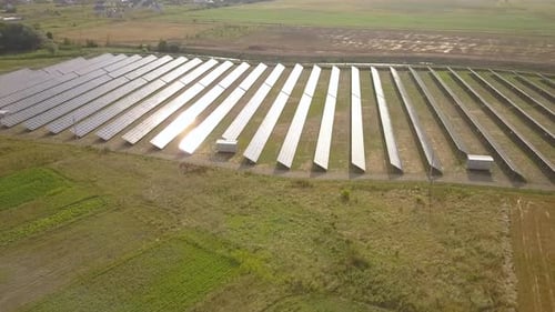Aerial view of solar power plant. Electric panels for producing clean ecologic energy.