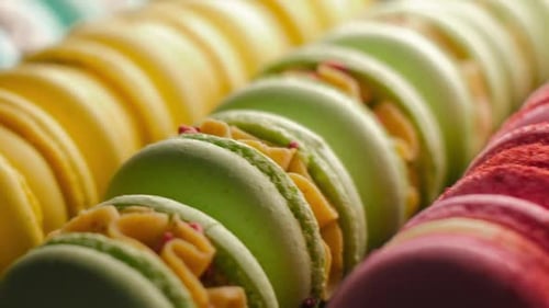Colorful Macarons Displayed in Rows, Close-Up