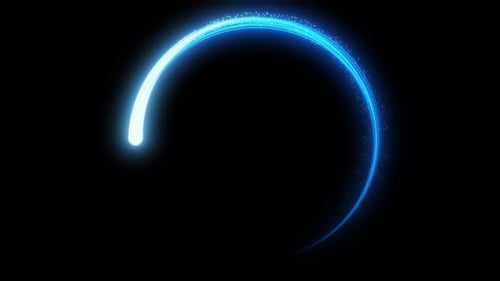 Blue neon light trail circle on black background.