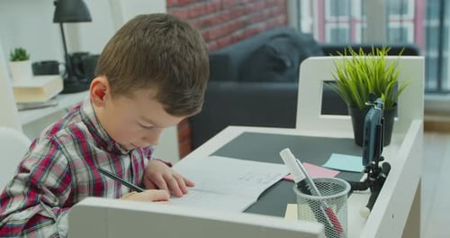 Schoolboy Studying Remote Online From Home