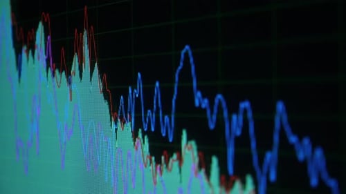 Ondas de audio en la pantalla de un ordenador. Ondas sonoras de diferentes frecuencias. Monitorización en el audio
