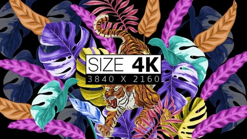 Vibrant Animated Tiger with Tropical Jungle Leaves Loop