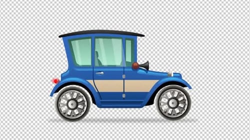 Animated Vintage Blue Cartoon Car with Rolling Wheels