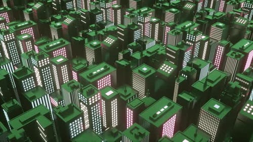 Gran ciudad de neón con rascacielos