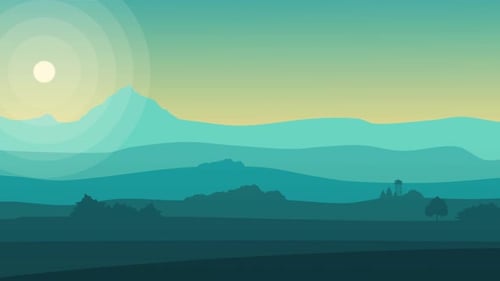 Animation landscape with mountains, hills, sky and a sun