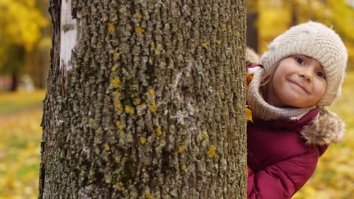 Menina escondida atrás da árvore no outono