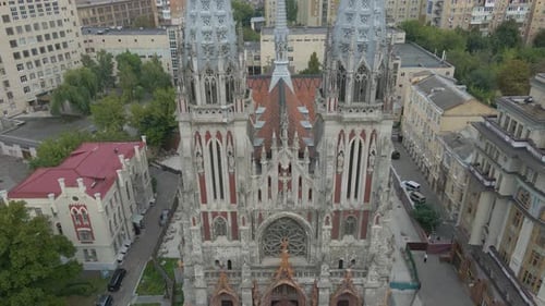 Aerial View of a Massive Gothic Style Catholic Church of St Nicholas in Kyiv