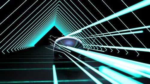 Futuristic Electric Car Speeds Through Neon Geometric Tunnel