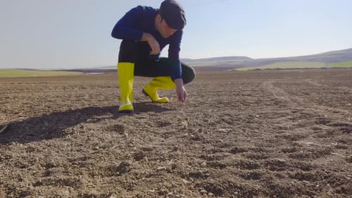 Farmer Inspecting Crops in a Rural Field