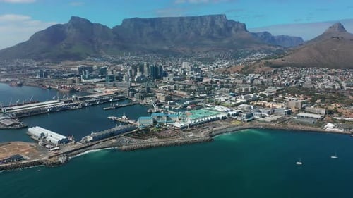 Aerial View Flying Towards the City of Cape Town with Table Mountain