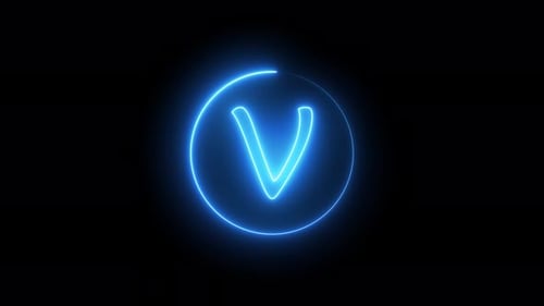 Glowing neon line in a circular path around the V alphabet. Vd 392
