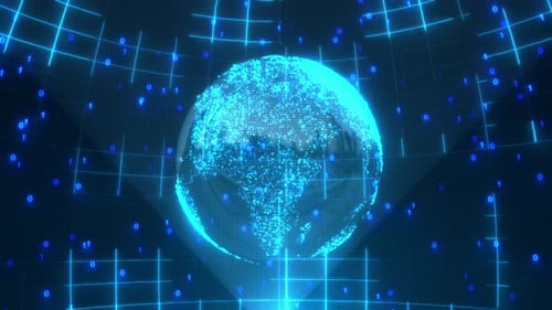 Rotating Futuristic Earth Globe with Digital Network and Binary Data