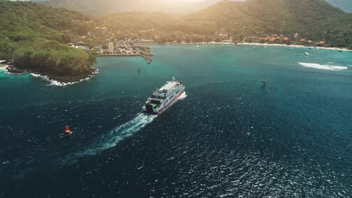 Aerial View: Ferry Sailing in Harbor