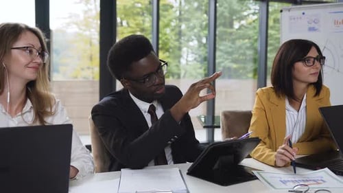 Smart Successful Team Multiethnic Banking Executives Meeting City Boardroom