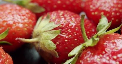 Ansicht drehen, frische Erdbeeren, langsam rotieren. Makro Nahaufnahme.