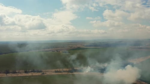 Flying above clouds of smoke over the burning field. Aerial top view footage.