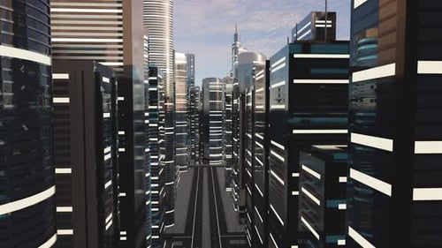 3D-Darstellung einer abstrakten hellen Stadt mit Wolkenkratzern. Einfache Gebäudeformen