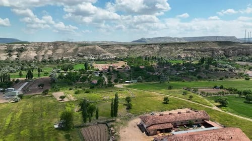Horse ranch high in the mountains of Cappadocia Aerial view 4 K