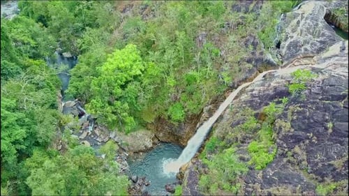 Aerial View of Blue Waterfall Lake and Mountain River Trees