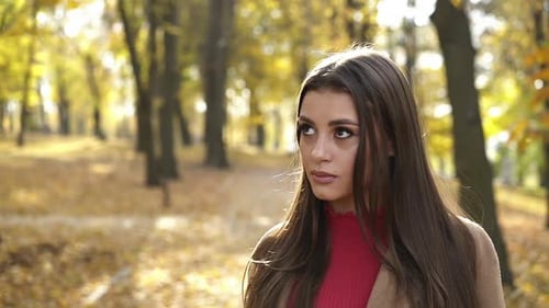 Beautiful Look of Browneyed Girl Looking Lightly Aside at Camera in Autumn Park