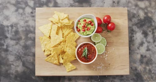 Primer plano de nachos y salsas en una bandeja de madera sobre una superficie negra