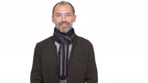 Smiling Adult with Scarf on White Background