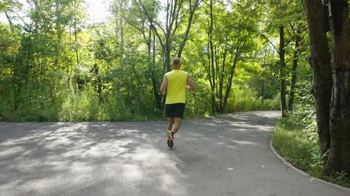 Slow Motion Jogger on Road Crossing in Park