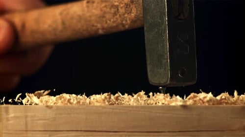 Avec un marteau, un clou est cloué dans l'arbre