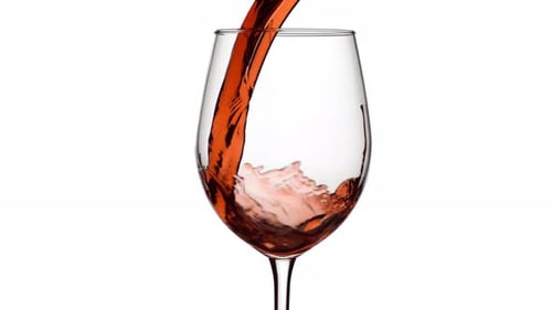 Slow motion shot of red wine pouring into glass on white background; shot on Phantom Flex 4K at 1000