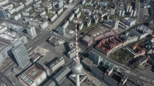 CIRCA MARCH 2020: AERIAL: Close View of Alexanderplatz TV Tower in Empty Berlin, Germany with No