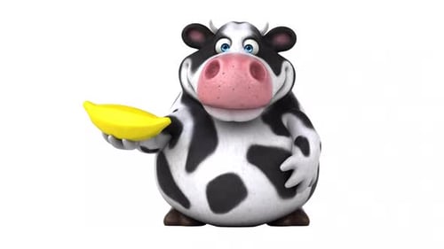 Funny Animated Cartoon Cow Character with Banana and Idea