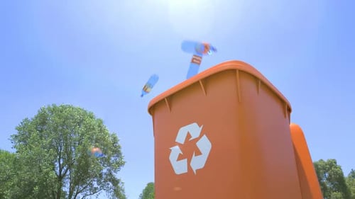 Plastic Bottles Being Recycled into an Orange Bin Animation
