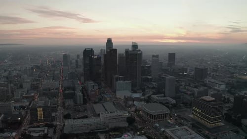 Breathtaking View of Skyscrapers in Downtown Los Angeles, California at Beautiful Sunset