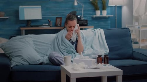 Woman with Cold Wraps in Blanket