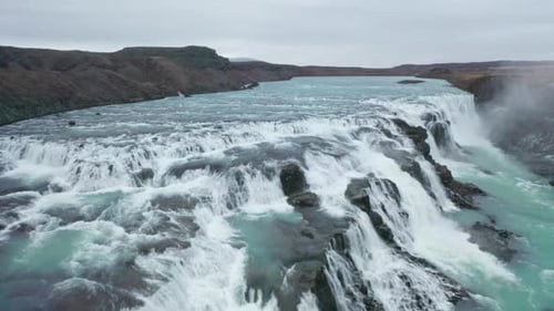Drone Over Waterfalls And River In Iceland