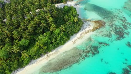 Aerial top view nature of idyllic coast beach lifestyle by blue ocean with white sand background of