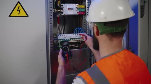 Electrician Testing Electrical Panel with Voltage Meter
