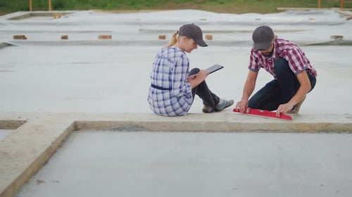 Architectes homme et femme vérifient le niveau de qualité du travail sur le chantier