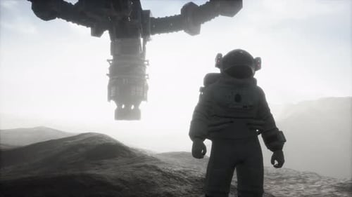 Astronaut and Futuristic Spaceship on Desolate Alien Planet
