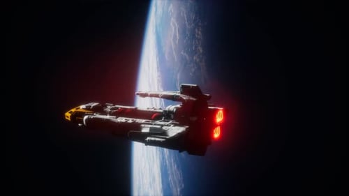 Futuristic Spaceship Flying Away from Earth in Outer Space