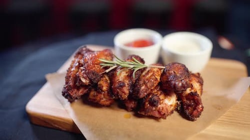 Crispy Chicken Wings on Serving Board with Sauces