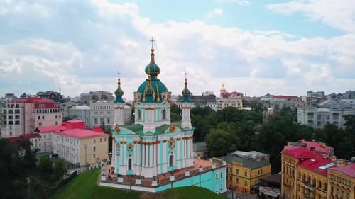 Aerial Top View of Saint Andrew's Church and Andreevska Street From Above in Kiev Ukraine.