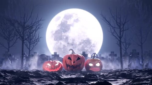 Halloween Pumpkins on the Background of the Cemetery and the Moon